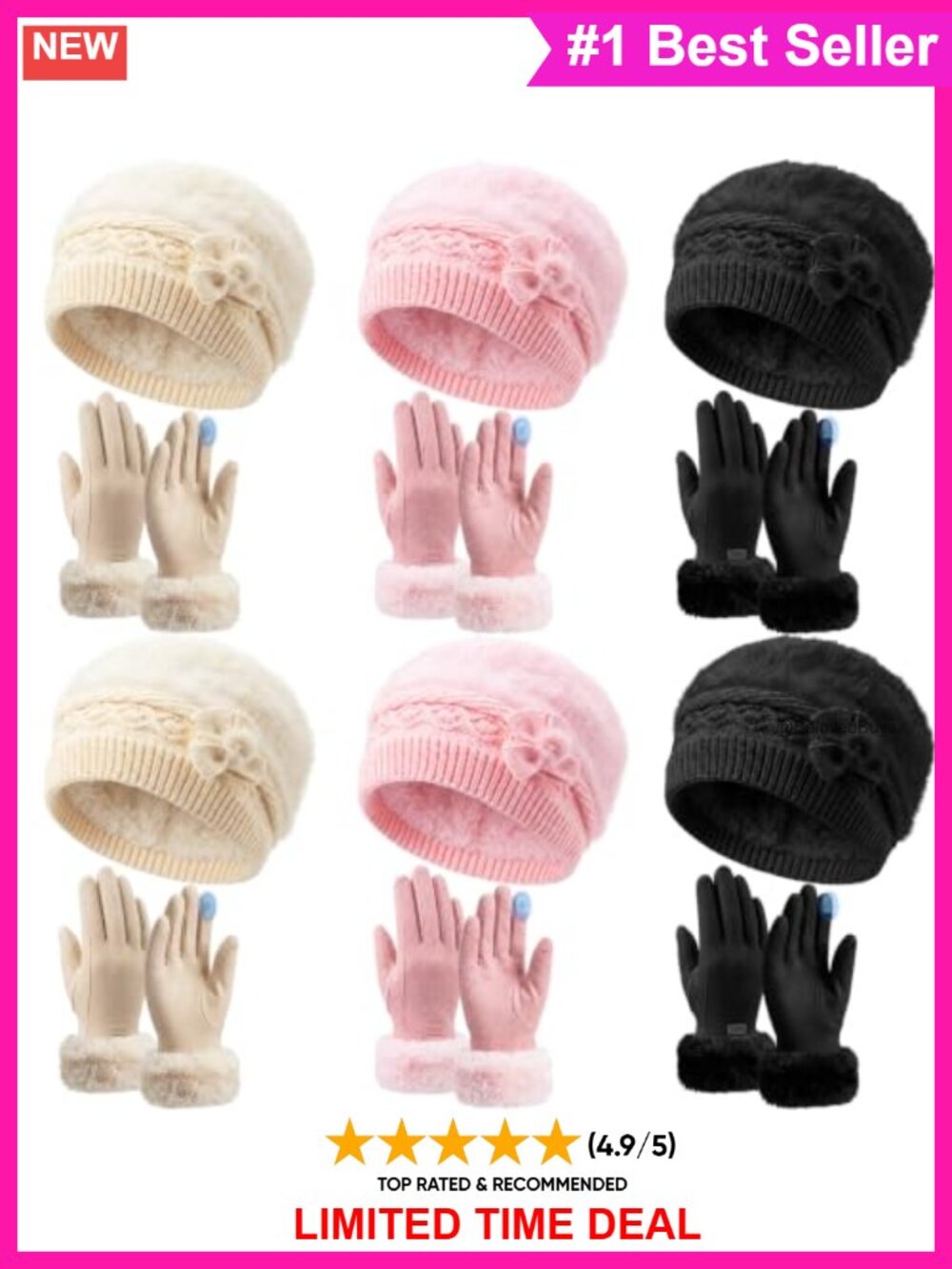 Faux Fur French Beret Hat and Touchscreen Gloves Winter Set